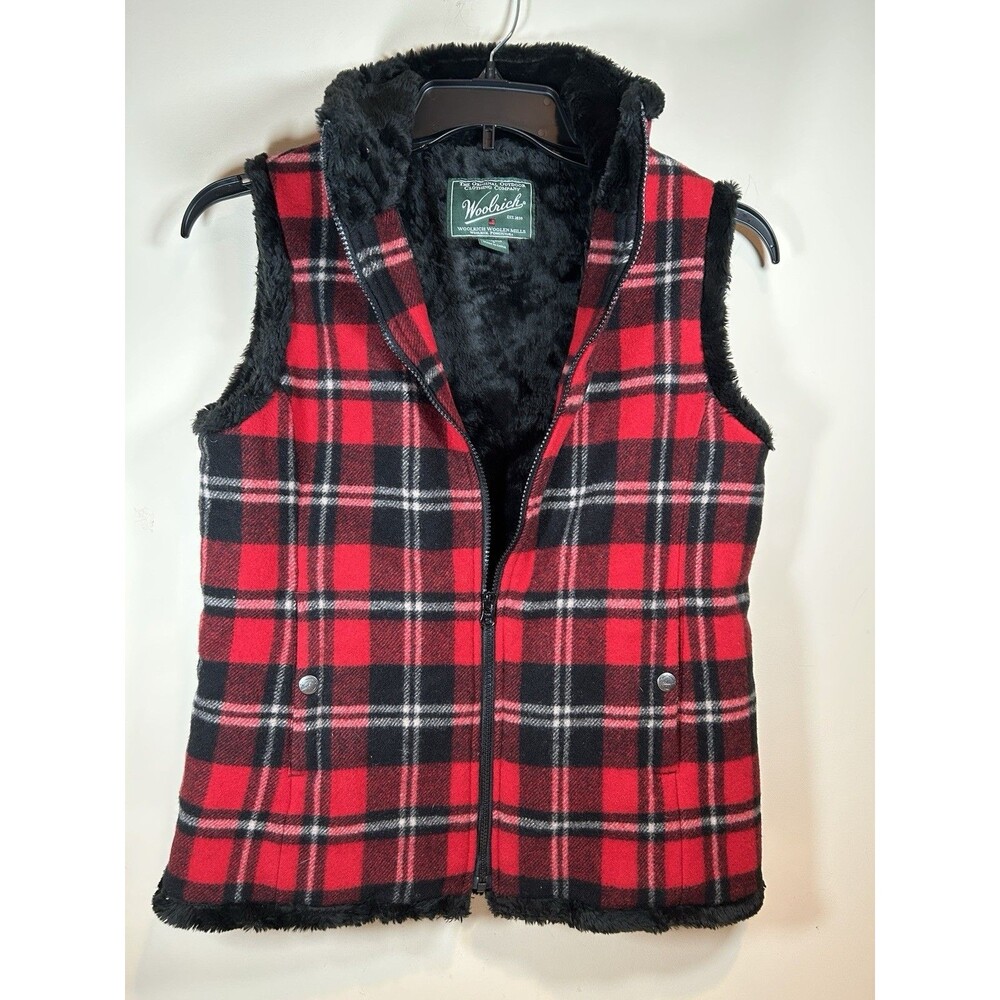 Woolrich Women's Red & Black Plaid Wool Vest W/Warm Faux Fur Lining Size S - EUC